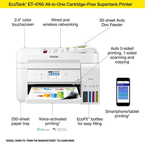 Epson EcoTank ET-4760 Wireless Color All-in-One Cartridge-Free Supertank Printer with Scanner, Copier, Fax, ADF and Ethernet - White, Large (Renewed)