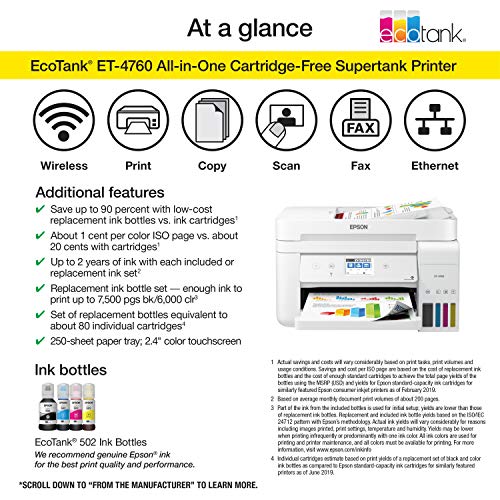 Epson EcoTank ET-4760 Wireless Color All-in-One Cartridge-Free Supertank Printer with Scanner, Copier, Fax, ADF and Ethernet - White, Large (Renewed)