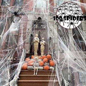 1200 sqft spider webs halloween decorations, super stretch spider web cobwebs with 100 plastic fake spiders haunted house yard creepy scene props indoor outdoor decor and halloween party supplies