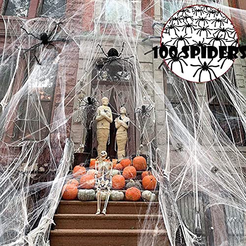 1200 sqft Spider Webs Halloween Decorations, Super Stretch Spider Web Cobwebs with 100 Plastic Fake Spiders Haunted House Yard Creepy Scene Props Indoor Outdoor Decor and Halloween Party Supplies