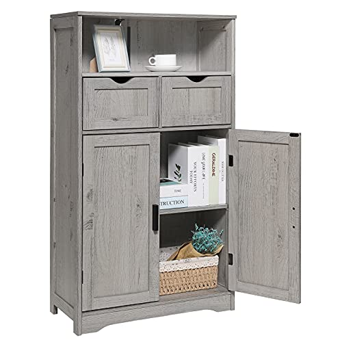 Iwell Large Storage Cabinet, Bathroom Storage Cabinet with 2 Drawers & 2 Shelves, Floor Cabinet for Living Room, Bedroom, Home Office, Grey