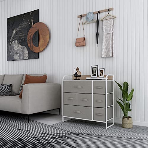 HOMOKUS 7 Drawer Dressers for Bedroom Fabric Dresser Closet Organizer and Storage Fabric Dresser, for Bedroom Living Room Nursery Large Capacity Steel Frame Wooden Top Easy Pull Fabric Bins Light grey