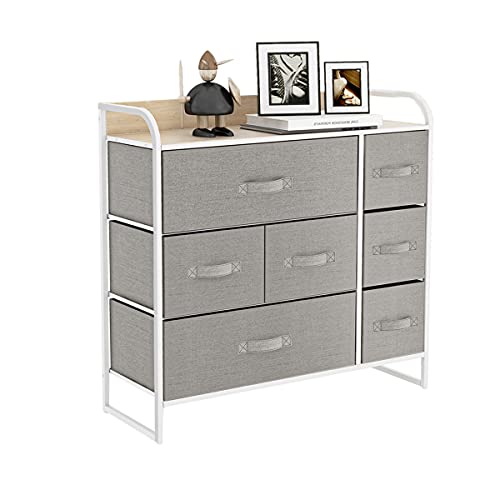 HOMOKUS 7 Drawer Dressers for Bedroom Fabric Dresser Closet Organizer and Storage Fabric Dresser, for Bedroom Living Room Nursery Large Capacity Steel Frame Wooden Top Easy Pull Fabric Bins Light grey