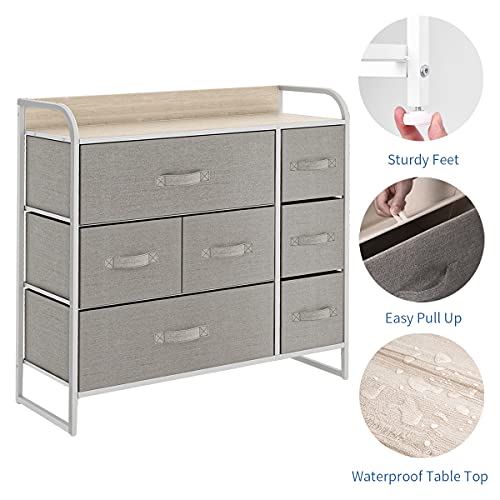 HOMOKUS 7 Drawer Dressers for Bedroom Fabric Dresser Closet Organizer and Storage Fabric Dresser, for Bedroom Living Room Nursery Large Capacity Steel Frame Wooden Top Easy Pull Fabric Bins Light grey