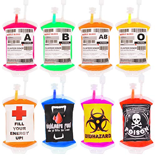 Blood Bag Drink Pouches; 12 FL Oz IV Bags with Labels and Clips for Halloween Vampire, Zombie, Nurse Graduation, Hospital Theme Party Favors, Props Decor