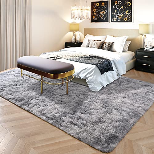 ISEAU Rugs for Living Room Ultra Soft Shag Area Rug 4'x6' Carpet for Bedroom, Non-Slip Fluffy Dorm Rug for Kids Room Home Decor, Light Grey
