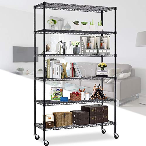 HGS Storage Shelves 6 Tier Wire Shelving Unit with Wheels Heavy Duty Metal Shelf Garage Rack Adjustable Steel Wire Shelf Utility Storage Rack with Casters, NSF-Certified (48 x 18 x 82 inches, Black)