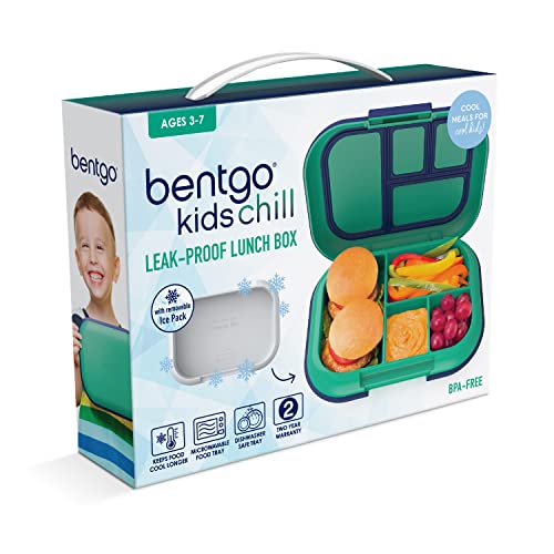 Bentgo® Kids Chill Lunch Box - Bento-Style Lunch Solution with 4 Compartments and Removable Ice Pack for Meals and Snacks On-the-Go - Leak-Proof, Dishwasher Safe, Patented Design (Green/Navy)