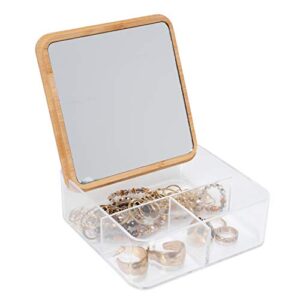 Simplify 3 Compartment Organizer with Bamboo Lid | Mirror | Perfect for Jewelry | Cosmetics | Accessories | Vanity & Countertop | Keepsake Storage Box | Clear