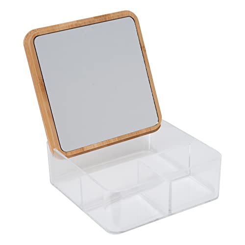 Simplify 3 Compartment Organizer with Bamboo Lid | Mirror | Perfect for Jewelry | Cosmetics | Accessories | Vanity & Countertop | Keepsake Storage Box | Clear