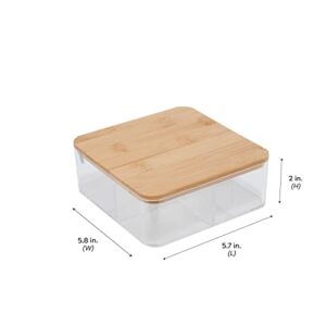 Simplify 3 Compartment Organizer with Bamboo Lid | Mirror | Perfect for Jewelry | Cosmetics | Accessories | Vanity & Countertop | Keepsake Storage Box | Clear