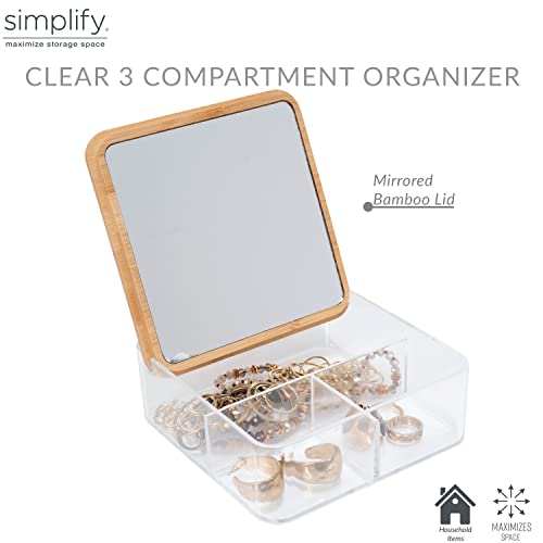 Simplify 3 Compartment Organizer with Bamboo Lid | Mirror | Perfect for Jewelry | Cosmetics | Accessories | Vanity & Countertop | Keepsake Storage Box | Clear