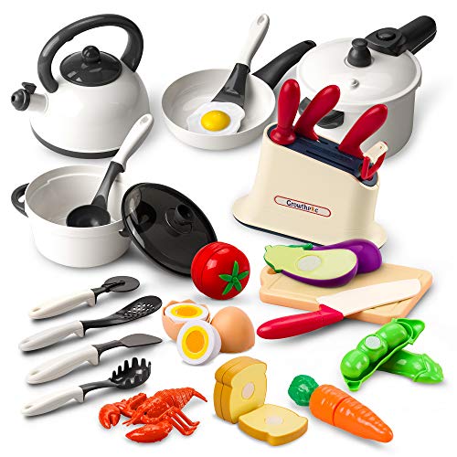 GrowthPic Kids Play Kitchen Accessories, Toy Cookware Set Pots and Pans Cooking Utensils Playset, Cutting Play Food for Toddler Kids Boys Girls