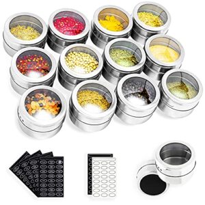 stainless steel spice tins magnetic spice jars, set of 12 spice storage container clear lid sift or pour, multi-purpose storage tins with window top, magnetic on refrigerators or grill