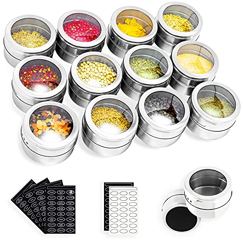 Stainless Steel Spice Tins Magnetic Spice Jars, Set of 12 Spice Storage Container Clear Lid Sift or Pour, Multi-Purpose Storage Tins with Window Top, Magnetic on Refrigerators or Grill