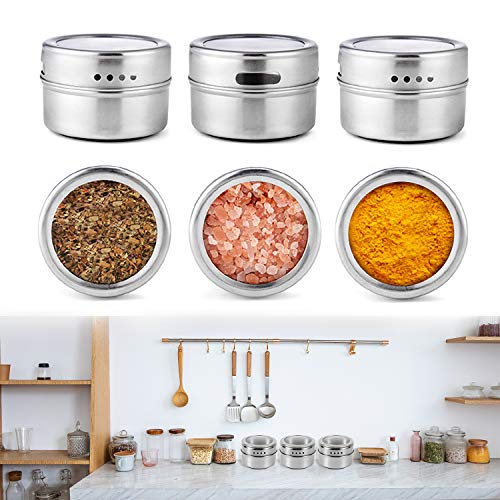 Stainless Steel Spice Tins Magnetic Spice Jars, Set of 12 Spice Storage Container Clear Lid Sift or Pour, Multi-Purpose Storage Tins with Window Top, Magnetic on Refrigerators or Grill