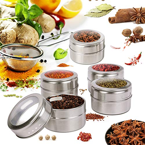 Stainless Steel Spice Tins Magnetic Spice Jars, Set of 12 Spice Storage Container Clear Lid Sift or Pour, Multi-Purpose Storage Tins with Window Top, Magnetic on Refrigerators or Grill