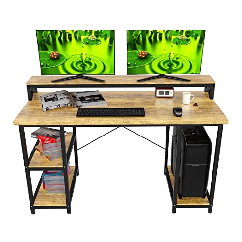 Halter Wood Computer Desk with Monitor Shelf, 55 inch Industrial Studio Gaming Desk with Storage, Dual Monitor Stand, Home Office PC Desk, Modern Rustic Compact Writing Desk, Walnut and Black