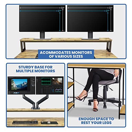 Halter Wood Computer Desk with Monitor Shelf, 55 inch Industrial Studio Gaming Desk with Storage, Dual Monitor Stand, Home Office PC Desk, Modern Rustic Compact Writing Desk, Walnut and Black