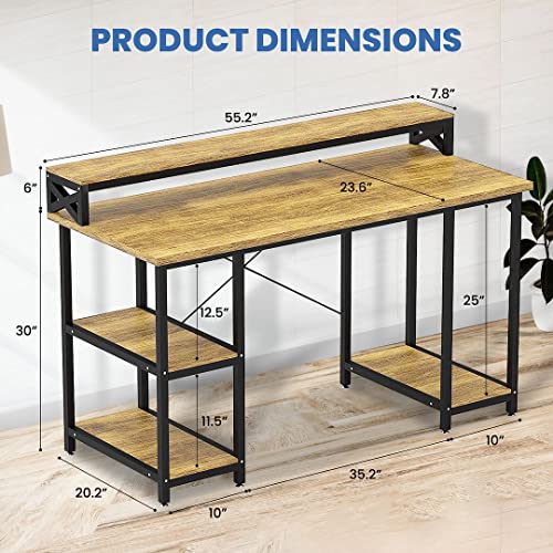 Halter Wood Computer Desk with Monitor Shelf, 55 inch Industrial Studio Gaming Desk with Storage, Dual Monitor Stand, Home Office PC Desk, Modern Rustic Compact Writing Desk, Walnut and Black