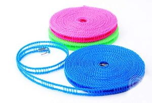 madowl 3 pack clothesline clothes drying rope nylon clothes line 5 meters portable drying rope clothes lines hanger rope fixing hangers for indoor outdoor camping travel home use (blue, green, pink)