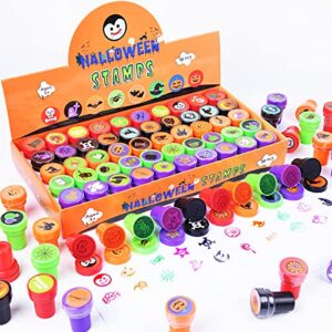 funnism 50pcs halloween assorted stamps,50 halloween theme designs kids self-ink stamps(5 colors) for halloween party supplies,goodie/treat/candy bag fillers,halloween party favors/prize/game/toy/gift