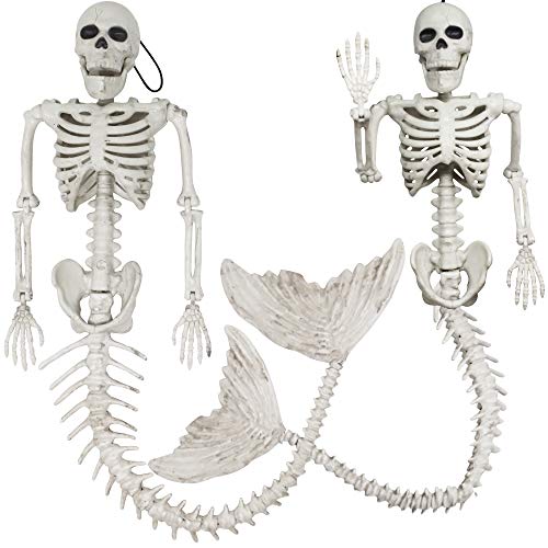 2 Spooky Skeleton Mermaid Plastic Bone with Posable Joints for Halloween Props Decorations, Indoor/Outdoor Spooky Scene Party Favors, Trick or Treat Decor