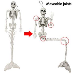 2 Spooky Skeleton Mermaid Plastic Bone with Posable Joints for Halloween Props Decorations, Indoor/Outdoor Spooky Scene Party Favors, Trick or Treat Decor