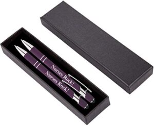 "nurses rock!" pens gift set - 2 pack of metal soft-touch pens w/gift box - 2 in 1 combo pen for your favorite nurse (purple - purple)