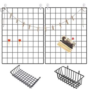 gbyan 2 pack wall grid panels with baskets photo display wire wall organizer for hanging memo, picture