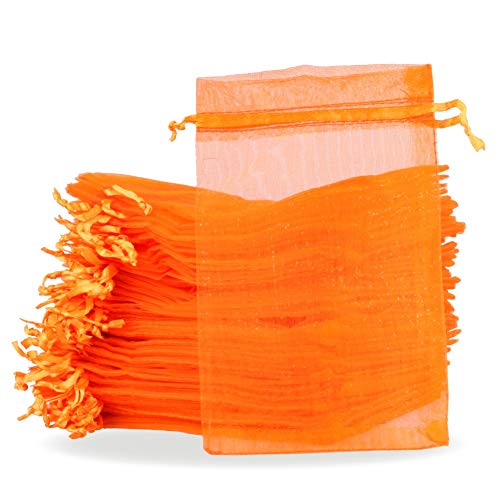 PMLAND 100 Pieces Orange Organza Drawstring Pouches for Candy Jewelry Party Wedding Favor Gift and Present Bags 4 x 6 Inch