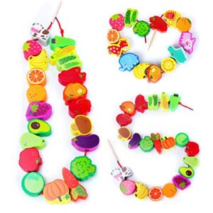 montessori educational wooden lacing beads toys for toddler 3 4 5 year old, farm animals fruits vegetables threading toys preschool stringing fine motor skills toy for boys girls [with 3d stickers]