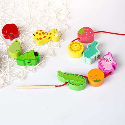 Montessori Educational Wooden Lacing Beads Toys for Toddler 3 4 5 Year Old, Farm Animals Fruits Vegetables Threading Toys Preschool Stringing Fine Motor Skills Toy for Boys Girls [with 3D Stickers]