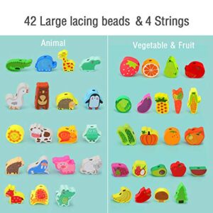 Montessori Educational Wooden Lacing Beads Toys for Toddler 3 4 5 Year Old, Farm Animals Fruits Vegetables Threading Toys Preschool Stringing Fine Motor Skills Toy for Boys Girls [with 3D Stickers]