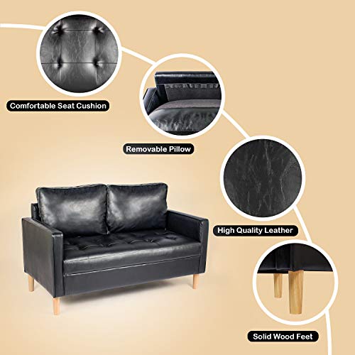 YDF 57" Modern Black Faux Leather Love Seats Sofa Loveseat Living Room Office Couch Small Space Configurable Sofa Black