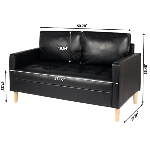 YDF 57" Modern Black Faux Leather Love Seats Sofa Loveseat Living Room Office Couch Small Space Configurable Sofa Black