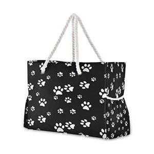 alaza paw print footprint black tote bag beach large bag rope handles for shopping groceries travel outdoors