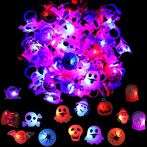 URATOT 100 Pieces Halloween LED Glow Rings Glow in the Dark Rings Halloween Gifts Light Up Toys Rings for Halloween Party Favors Decorations