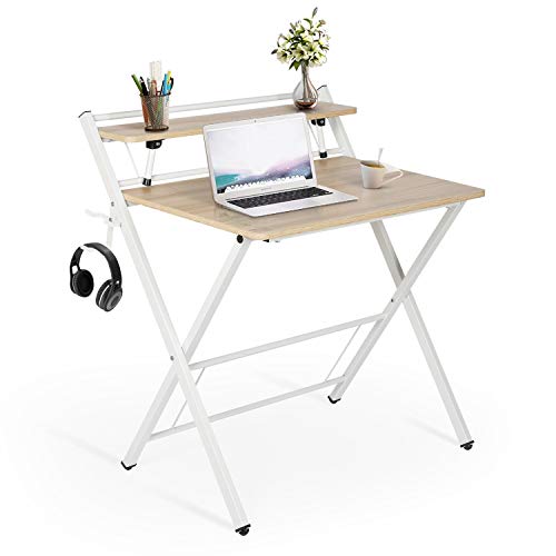 Folding Computer Desk for Small Space, 2 Tier Simple Laptop Writing Table with Shelf, Multipurpose Foldable Study Desk, Kids Desk, No Assembly Needed (Khaki)