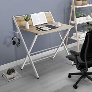 Folding Computer Desk for Small Space, 2 Tier Simple Laptop Writing Table with Shelf, Multipurpose Foldable Study Desk, Kids Desk, No Assembly Needed (Khaki)