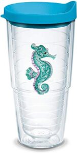tervis purple teal seahorse made in usa double walled insulated tumbler travel cup keeps drinks cold & hot, 24oz - turquoise lid, clear