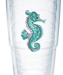 Tervis Purple Teal Seahorse Made in USA Double Walled Insulated Tumbler Travel Cup Keeps Drinks Cold & Hot, 24oz - Turquoise Lid, Clear