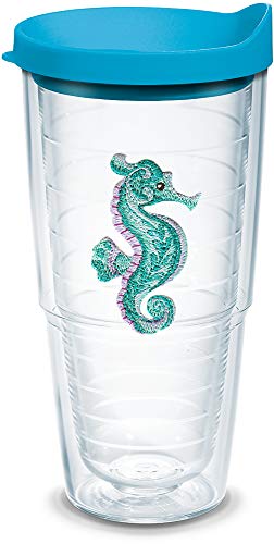 Tervis Purple Teal Seahorse Made in USA Double Walled Insulated Tumbler Travel Cup Keeps Drinks Cold & Hot, 24oz - Turquoise Lid, Clear