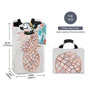ALAZA Pineapple Laundry Basket Collapsible, Fabric Laundry Hamper Basket Foldable, Rose Gold Pineapple On Pink and White Marble