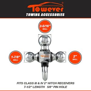 Towever 84180P 2 inch Trailer Hitch Ball, Towing Tri Ball Mounts with Hook and Pin, Fits for 2 inch Tow Hitch Receiver