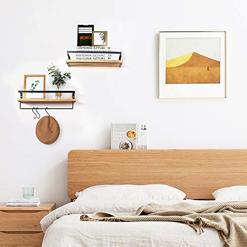 YEVIOR Floating Shelves Wall Mounted, Floating Wall Shelves with 5 Hooks, Rustic Pine Wood Floating Shelves with Removable Towel Bar, Set of 2 Floating Shelves for Bathroom, Kitchen, Bedroom