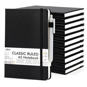 12 pack notebooks journals bulk with 12 black pens, feela a5 hardcover notebook classic ruled journal set with pen holder for school business work travel writing, 120 gsm, 5.1”x8.3”, black