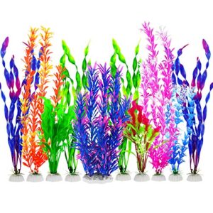 mylifeunit fish tank plants, 10 pack artificial aquarium plants for decorations (blue)