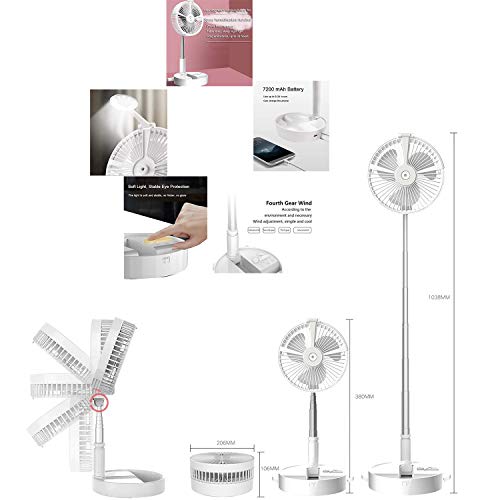 Lrufodya Portable Desk Fan, Height Adjustable Folding Floor Fan with Mister, Rechargeable Personal Travel Fan with 4 Wind Speeds Air Humidifier LED Lamp Night Light for Outdoor Camping fishing(White)