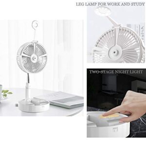 Lrufodya Portable Desk Fan, Height Adjustable Folding Floor Fan with Mister, Rechargeable Personal Travel Fan with 4 Wind Speeds Air Humidifier LED Lamp Night Light for Outdoor Camping fishing(White)